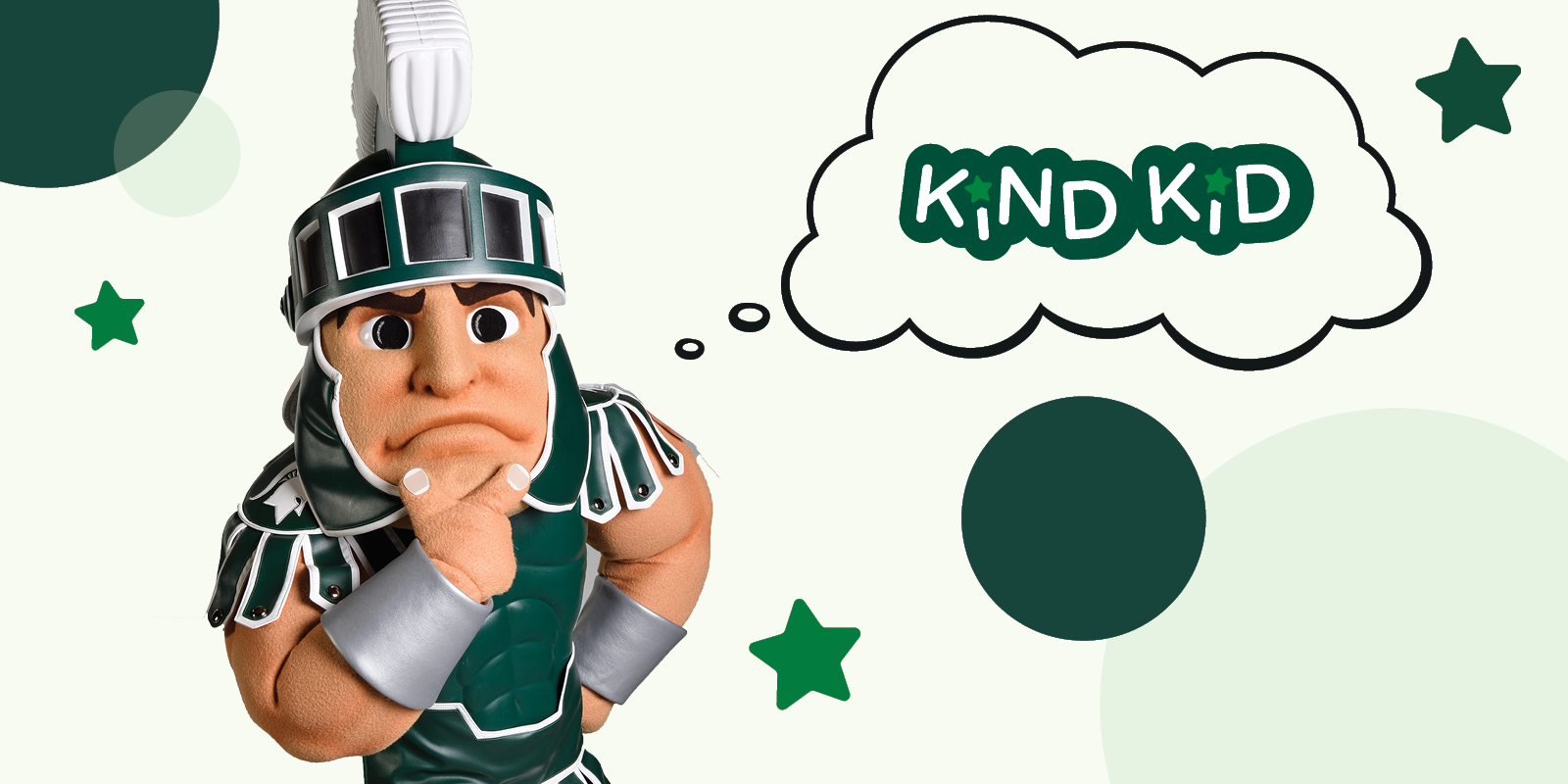 Sparty in a thinking pose with a thought bubble and the words Kind Kids